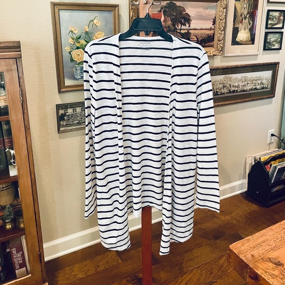 Chico’s The Ultimate Tee open front cardigan sweater w/ pockets SZ M white black - Picture 2 of 7